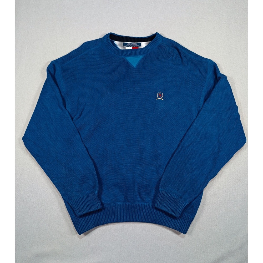 Tommy Hilfiger Mens XL Blue Cotton Knit Crewneck Sweater Crest Logo XL